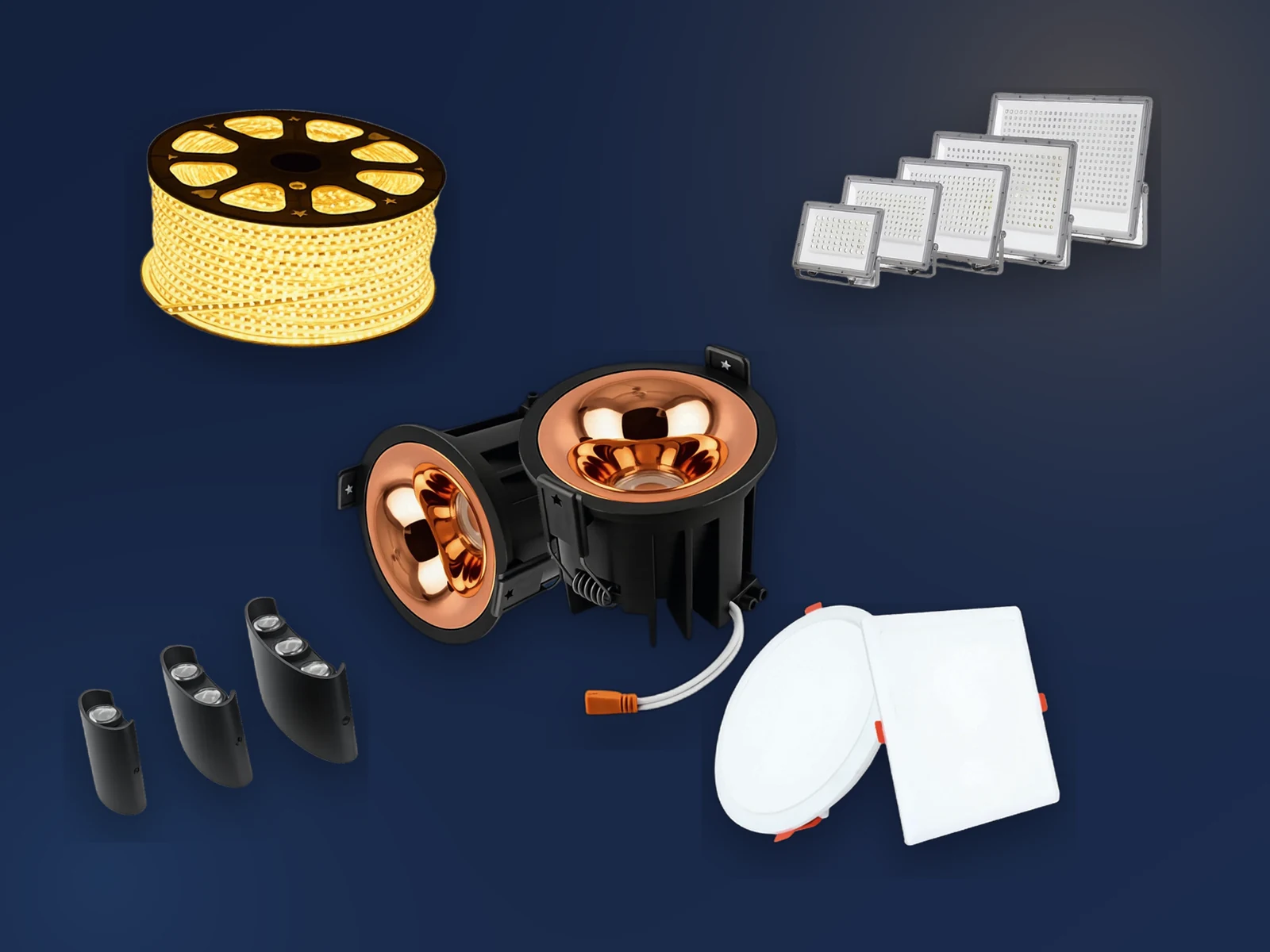 A selection of Shine Aura LED lighting products — rope light, COB downlights, flood lights, outdoor wall lights and recessed panels