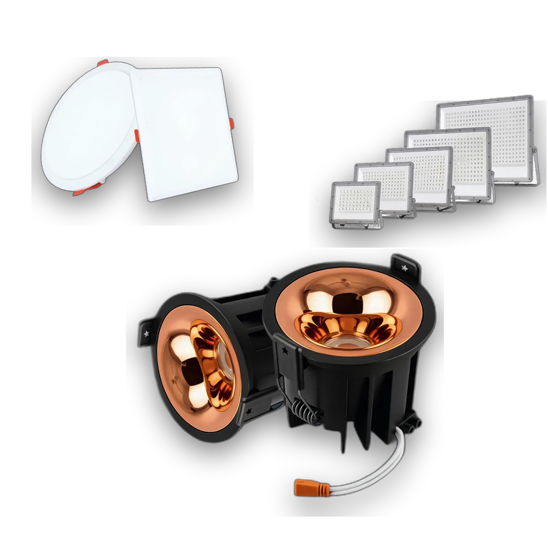 Shine Aura LED products — recessed ceiling panels, COB downlights and flood lights